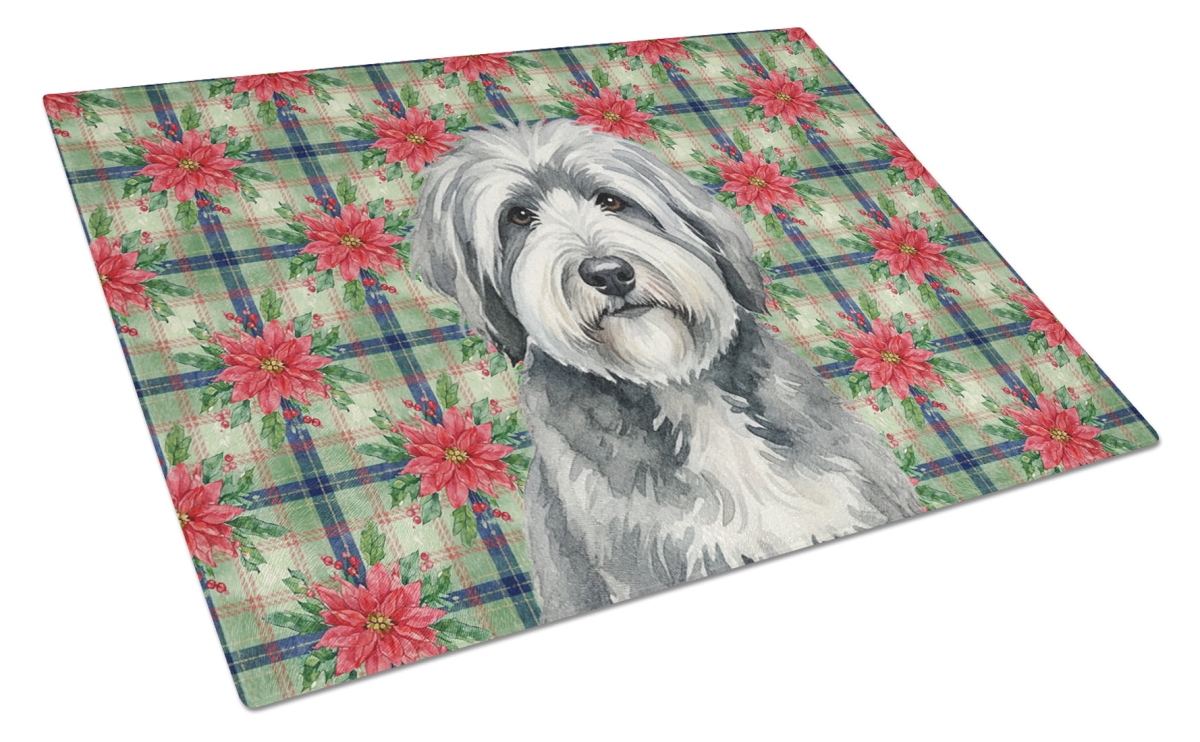 Picture of Carolines Treasures WDK8737LCB Unisex Adult Gray & White Old English Sheepdog Christmas Poinsettias Glass Cutting Board - 15 x 12 in.