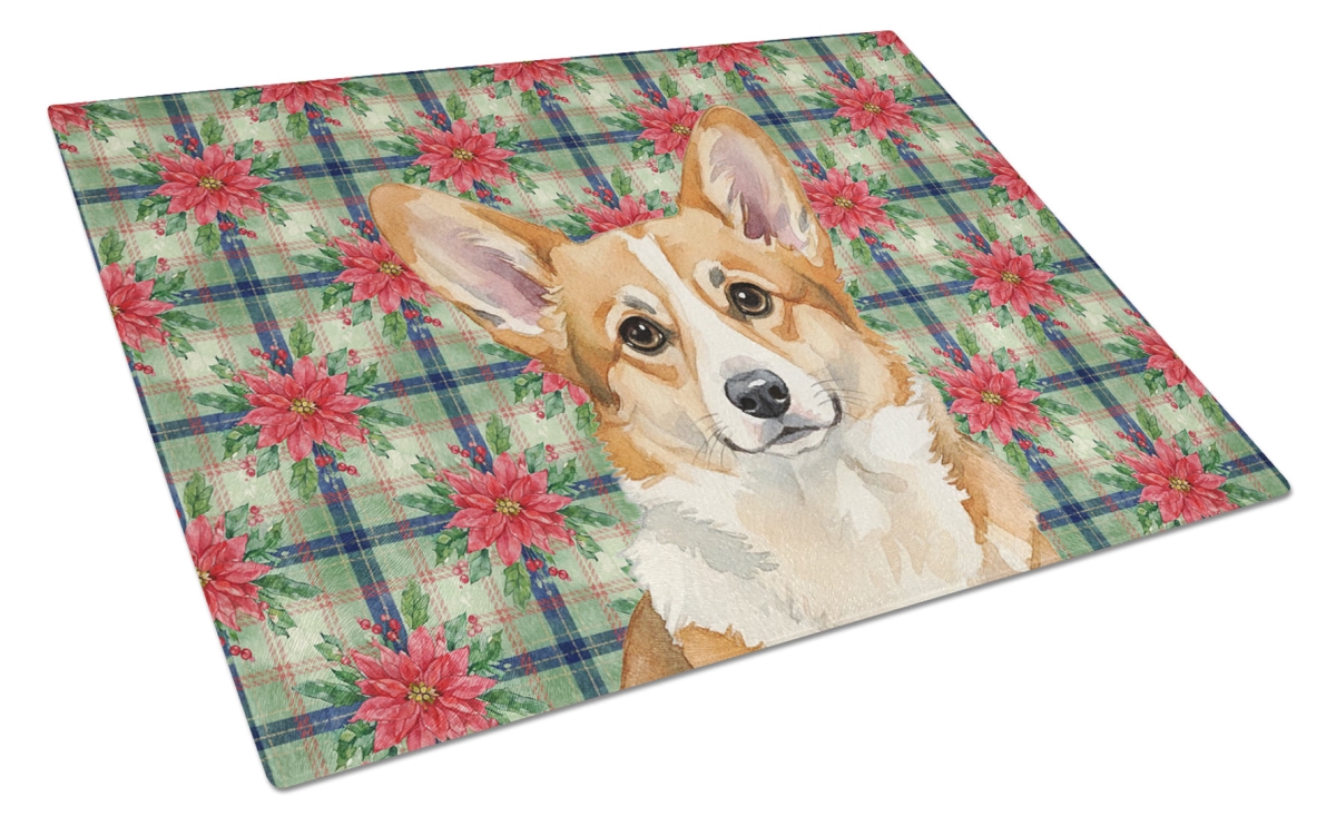 Picture of Carolines Treasures WDK8753LCB Unisex Adult Corgi Christmas Poinsettias Glass Cutting Board - 15 x 12 in.