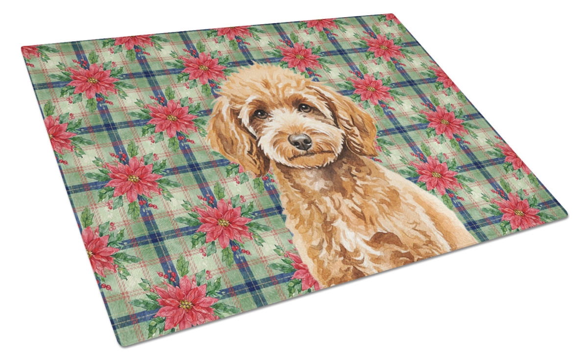 Picture of Carolines Treasures WDK8763LCB Unisex Adult Miniature Apricot Poodle Christmas Poinsettias Glass Cutting Board - 15 x 12 in.