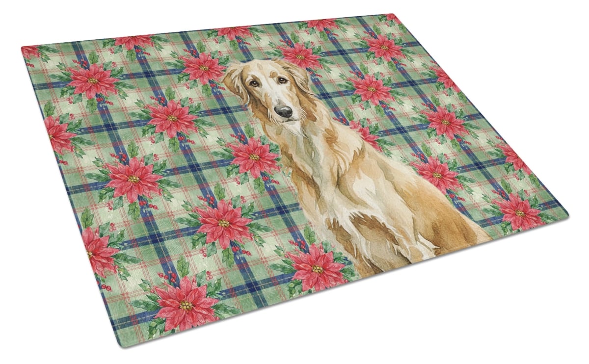 Picture of Carolines Treasures WDK8804LCB Unisex Adult Wheaten Scottish Deerhound Christmas Poinsettias Glass Cutting Board - 15 x 12 in.