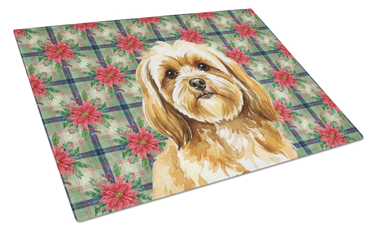 Picture of Carolines Treasures WDK8703LCB Unisex Adult Gold Lhasa Apso Christmas Poinsettias Glass Cutting Board - 15 x 12 in.
