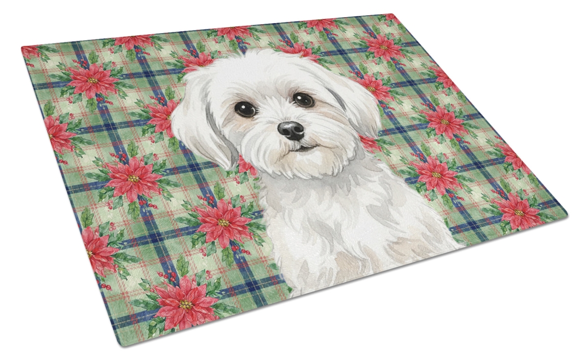 Picture of Carolines Treasures WDK8706LCB Unisex Adult Maltese Christmas Poinsettias Glass Cutting Board - 15 x 12 in.