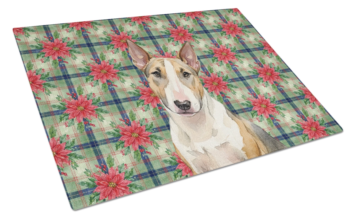 Picture of Carolines Treasures WDK8712LCB Unisex Adult Tricolor Miniature Bull Terrier Christmas Poinsettias Glass Cutting Board - 15 x 12 in.
