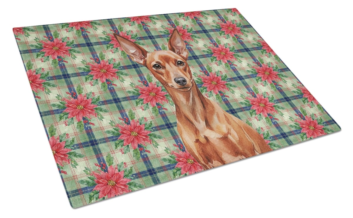 Picture of Carolines Treasures WDK8716LCB Unisex Adult Red Miniature Pinscher Min Pin Christmas Poinsettias Glass Cutting Board - 15 x 12 in.