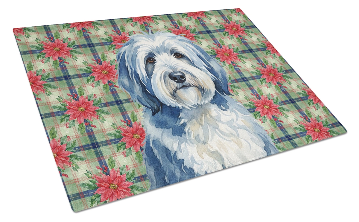 Picture of Carolines Treasures WDK8736LCB Unisex Adult Blue & White Old English Sheepdog Christmas Poinsettias Glass Cutting Board - 15 x 12 in.