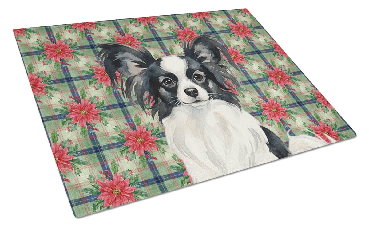 Picture of Carolines Treasures WDK8741LCB Unisex Adult Black & White Papillon Christmas Poinsettias Glass Cutting Board - 15 x 12 in.