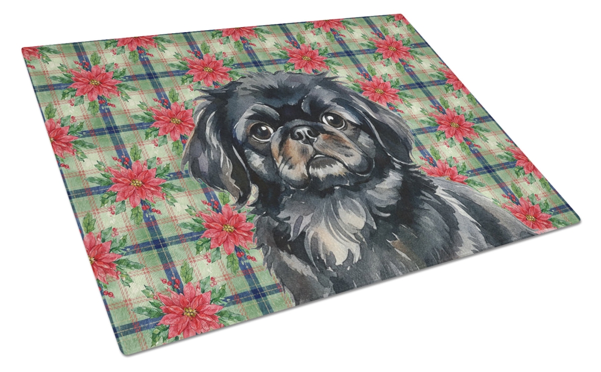 Picture of Carolines Treasures WDK8748LCB Unisex Adult Black Pekingese Christmas Poinsettias Glass Cutting Board - 15 x 12 in.