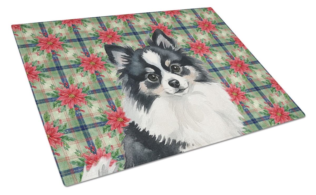Picture of Carolines Treasures WDK8758LCB Unisex Adult Black & White Pomeranian Christmas Poinsettias Glass Cutting Board - 15 x 12 in.