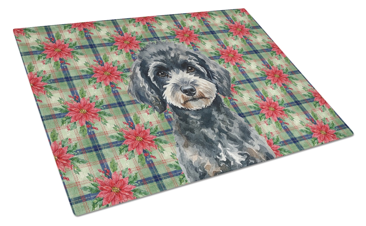 Picture of Carolines Treasures WDK8764LCB Unisex Adult Miniature Black Poodle Christmas Poinsettias Glass Cutting Board - 15 x 12 in.