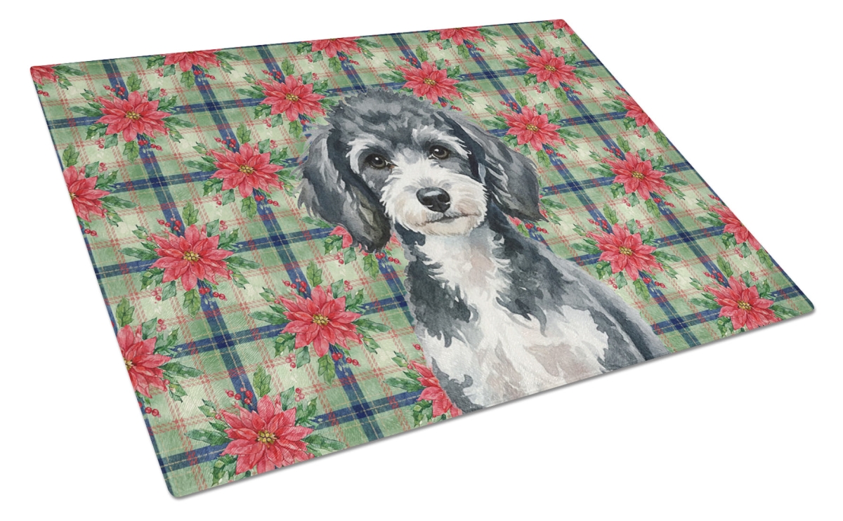 Picture of Carolines Treasures WDK8765LCB Unisex Adult Miniature Parti Poodle Christmas Poinsettias Glass Cutting Board - 15 x 12 in.