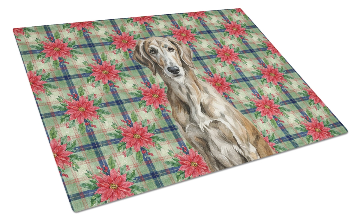 Picture of Carolines Treasures WDK8803LCB Unisex Adult Brindle Scottish Deerhound Christmas Poinsettias Glass Cutting Board - 15 x 12 in.