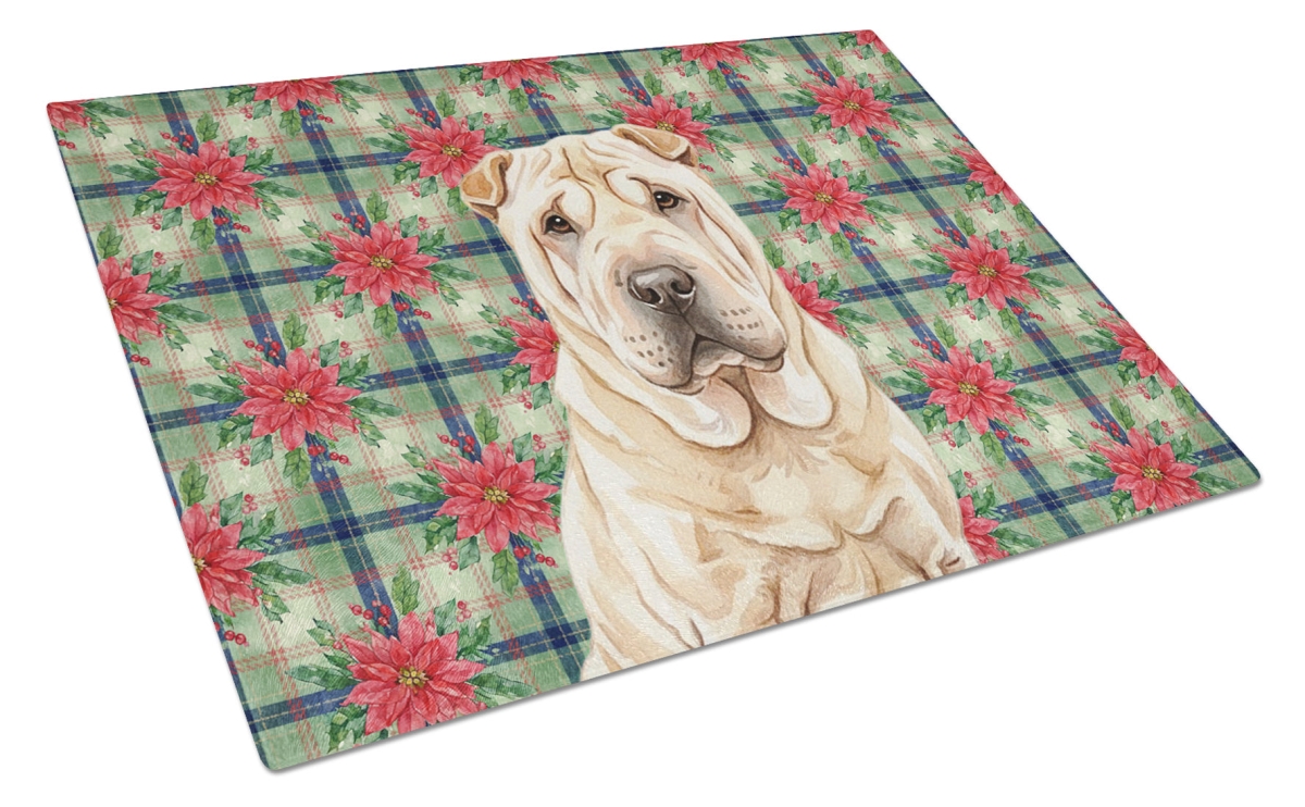 Picture of Carolines Treasures WDK8808LCB Unisex Adult Shar Pei Christmas Poinsettias Glass Cutting Board - 15 x 12 in.