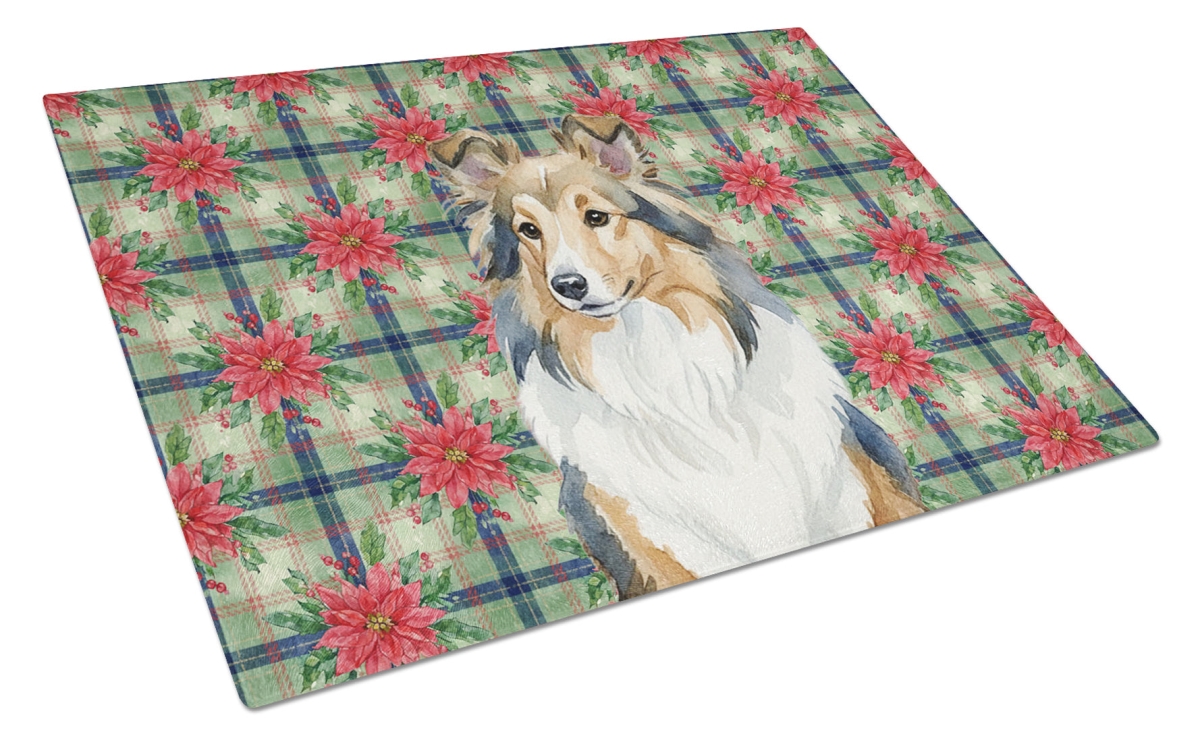 Picture of Carolines Treasures WDK8812LCB Unisex Adult Sable Sheltie Christmas Poinsettias Glass Cutting Board - 15 x 12 in.