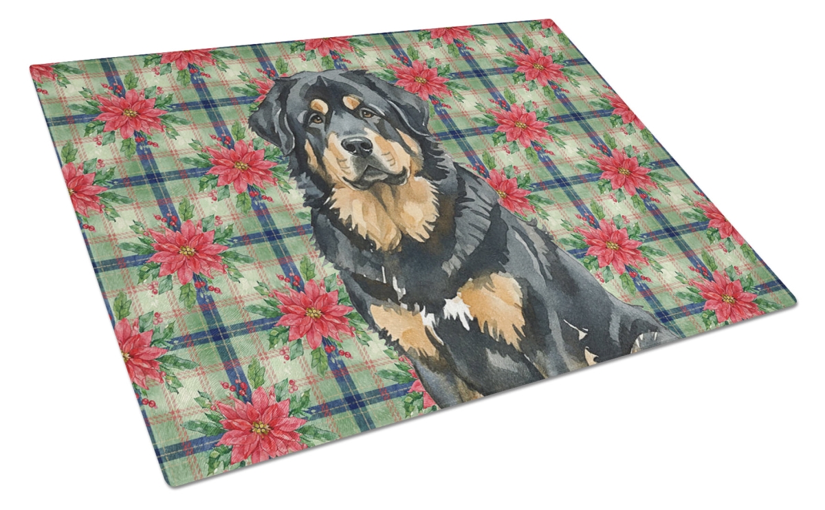 Picture of Carolines Treasures WDK8834LCB Unisex Adult Black & Tan Tibetan Mastiff Christmas Poinsettias Glass Cutting Board - 15 x 12 in.
