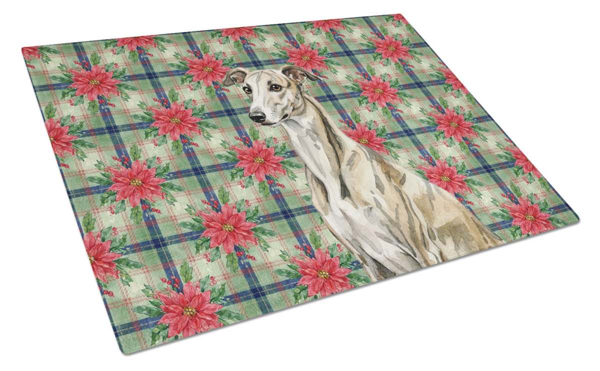 Picture of Carolines Treasures WDK8853LCB Unisex Adult Brindle Whippet Christmas Poinsettias Glass Cutting Board - 15 x 12 in.