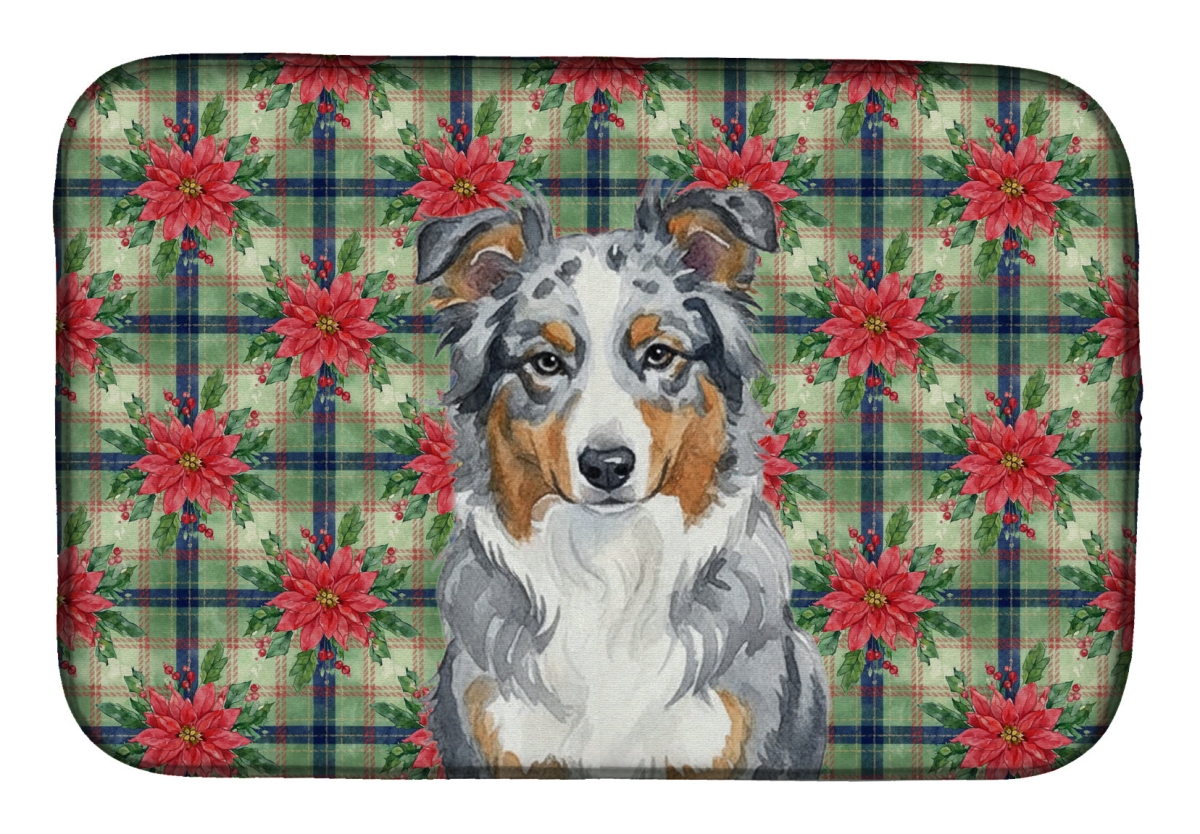 Picture of Carolines Treasures WDK8480DDM Unisex Adult Blue Merle American Shepherd Christmas Poinsettias Dish Drying Mat - 21 x 14 in.