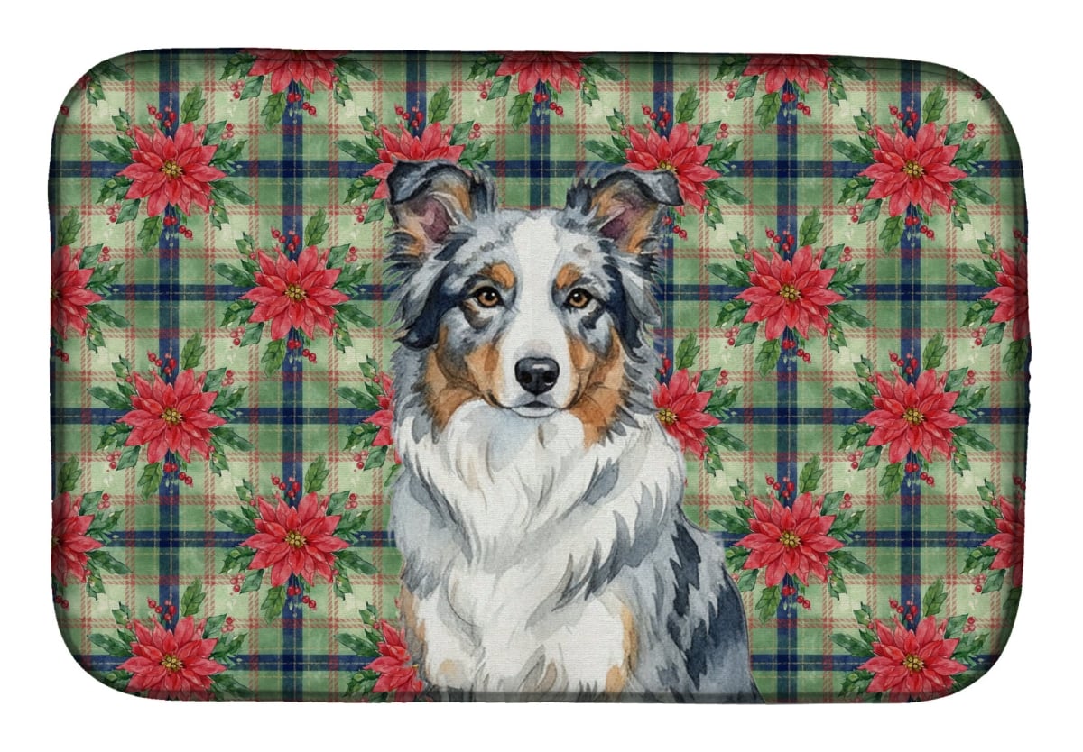 Picture of Carolines Treasures WDK8522DDM Unisex Adult Blue Merle Border Collie Christmas Poinsettias Dish Drying Mat - 21 x 14 in.