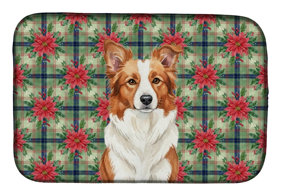Picture of Carolines Treasures WDK8524DDM Unisex Adult Red & White Border Collie Christmas Poinsettias Dish Drying Mat - 21 x 14 in.