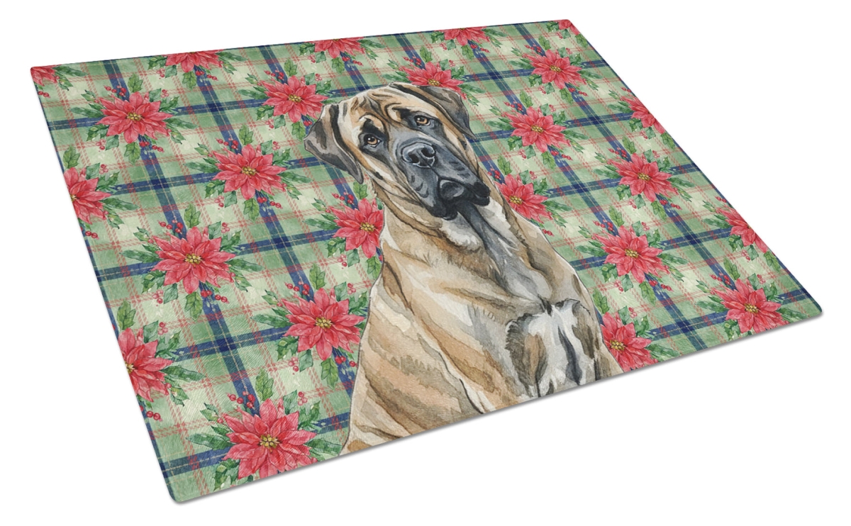 Picture of Carolines Treasures WDK8709LCB Unisex Adult Brindle Mastiff Christmas Poinsettias Glass Cutting Board - 15 x 12 in.