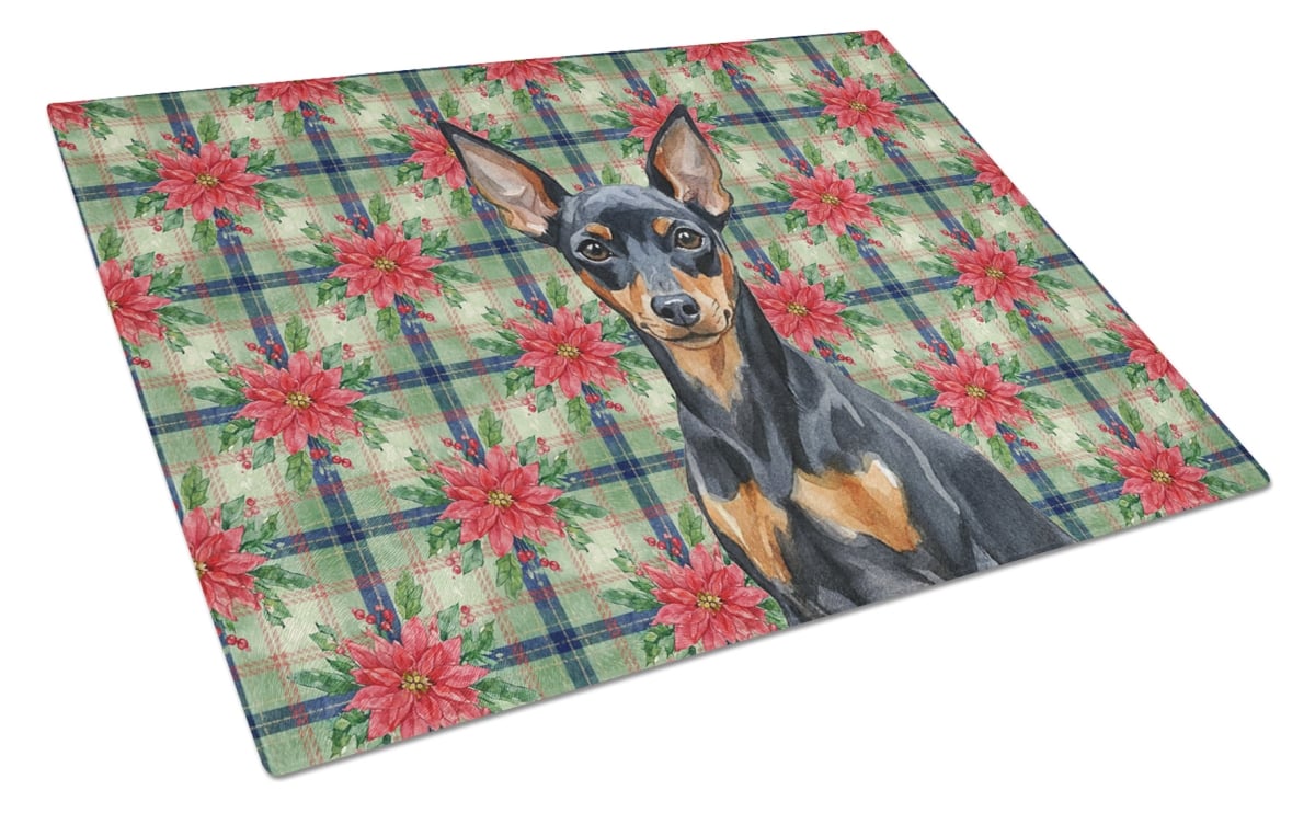 Picture of Carolines Treasures WDK8715LCB Unisex Adult Black & Tan Miniature Pinscher Christmas Poinsettias Glass Cutting Board - 15 x 12 in.