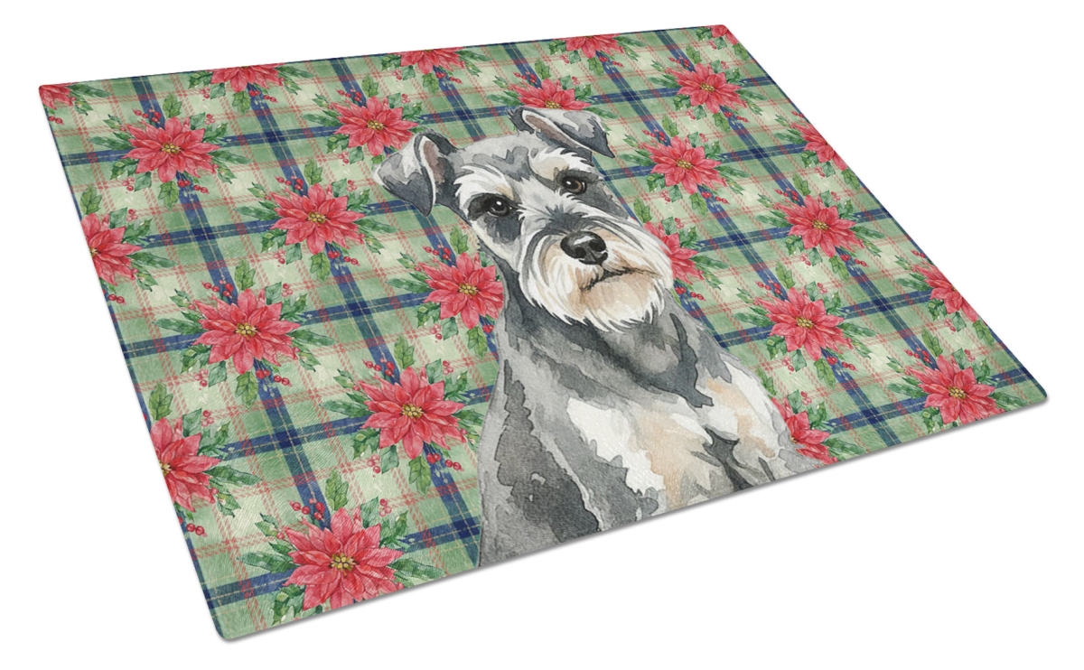 Picture of Carolines Treasures WDK8719LCB Unisex Adult Miniature Schnauzer Christmas Poinsettias Glass Cutting Board - 15 x 12 in.
