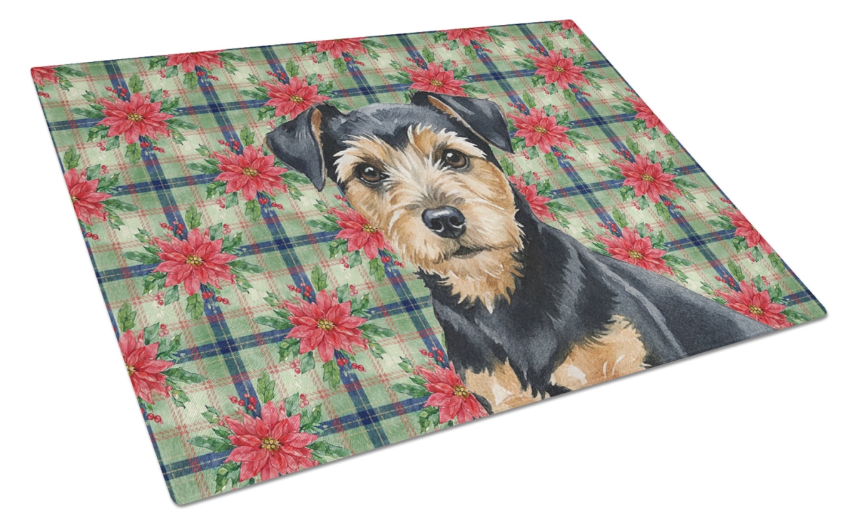 Picture of Carolines Treasures WDK8728LCB Unisex Adult Black & Tan Norfolk Terrier Christmas Poinsettias Glass Cutting Board - 15 x 12 in.
