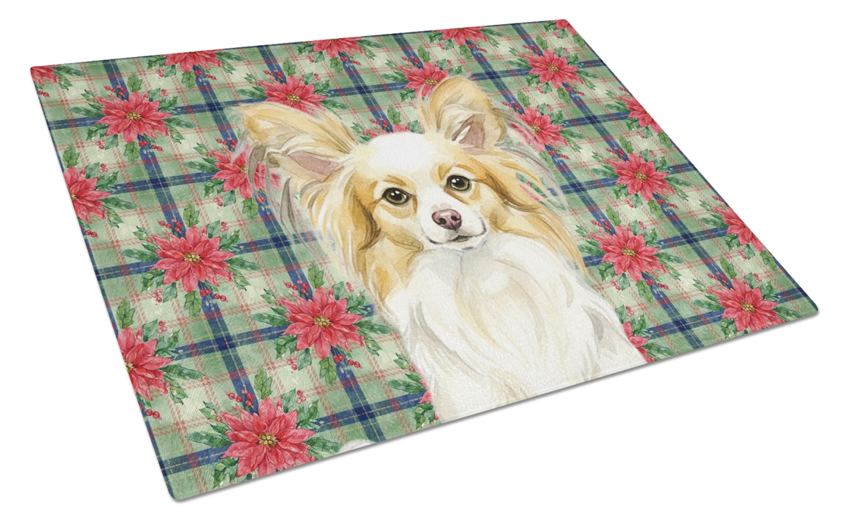 Picture of Carolines Treasures WDK8742LCB Unisex Adult Lemon & White Papillon Christmas Poinsettias Glass Cutting Board - 15 x 12 in.