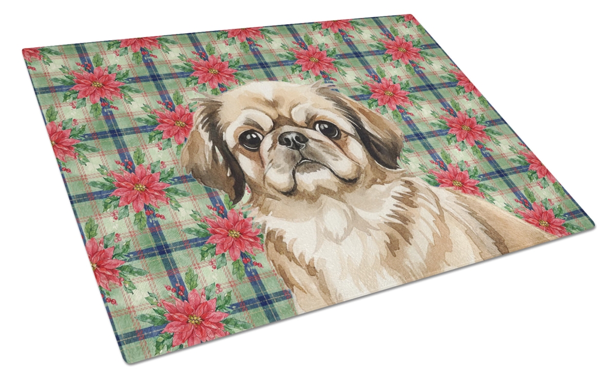 Picture of Carolines Treasures WDK8752LCB Unisex Adult Sable Pekingese Christmas Poinsettias Glass Cutting Board - 15 x 12 in.