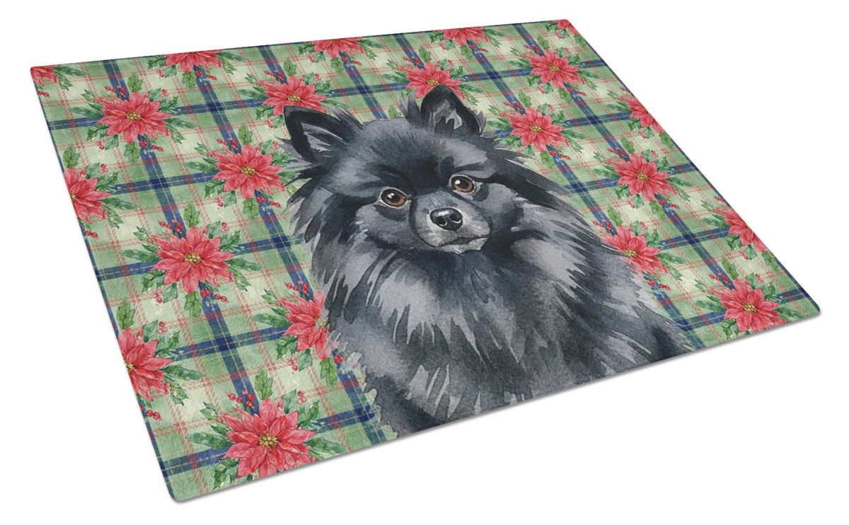 Picture of Carolines Treasures WDK8759LCB Unisex Adult Black Pomeranian Christmas Poinsettias Glass Cutting Board - 15 x 12 in.