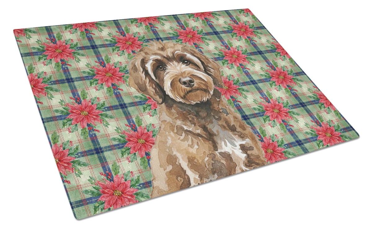 Picture of Carolines Treasures WDK8780LCB Unisex Adult Brown Portuguese Water Dog Christmas Poinsettias Glass Cutting Board - 15 x 12 in.