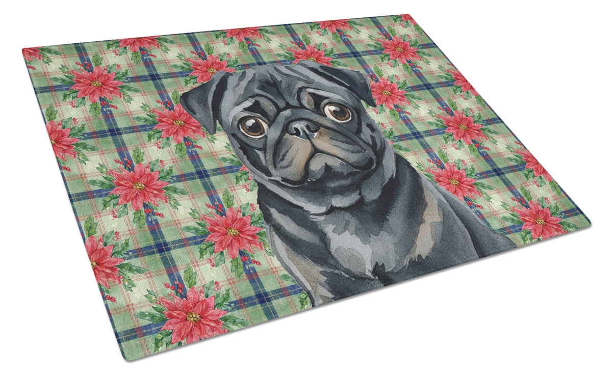 Picture of Carolines Treasures WDK8781LCB Unisex Adult Black Pug Christmas Poinsettias Glass Cutting Board - 15 x 12 in.