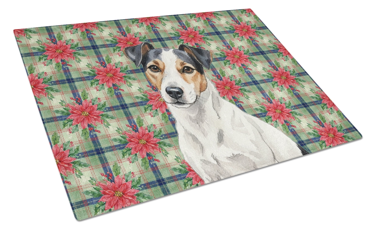 Picture of Carolines Treasures WDK8789LCB Unisex Adult White with Black Markings Russell Terrier Christmas Poinsettias Glass Cutting Board - 15 x 12 in.