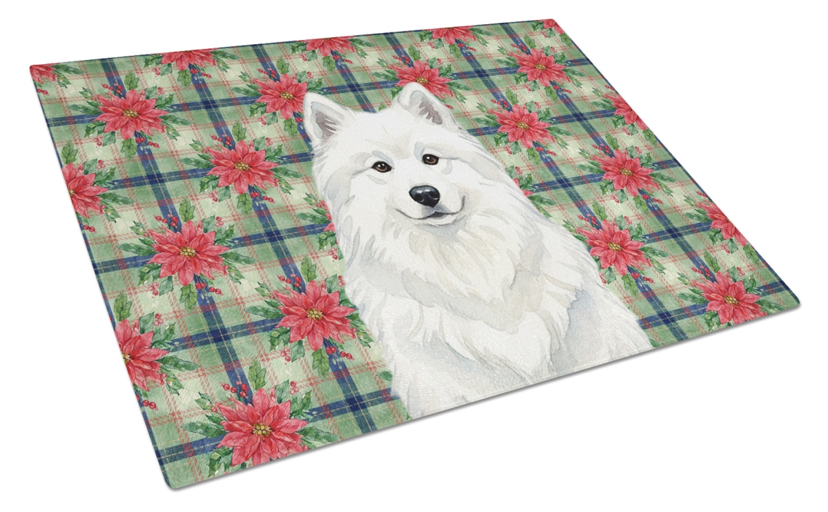 Picture of Carolines Treasures WDK8799LCB Unisex Adult White Samoyed Christmas Poinsettias Glass Cutting Board - 15 x 12 in.