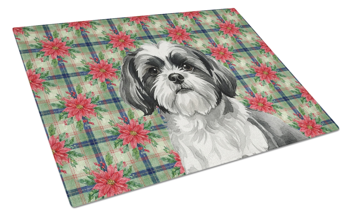 Picture of Carolines Treasures WDK8816LCB Unisex Adult Black & White Shih Tzu Christmas Poinsettias Glass Cutting Board - 15 x 12 in.