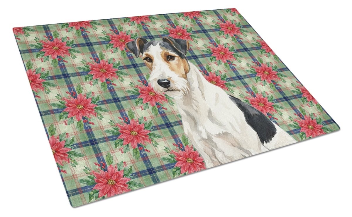 Picture of Carolines Treasures WDK8825LCB Unisex Adult Smooth Fox Terrier Christmas Poinsettias Glass Cutting Board - 15 x 12 in.
