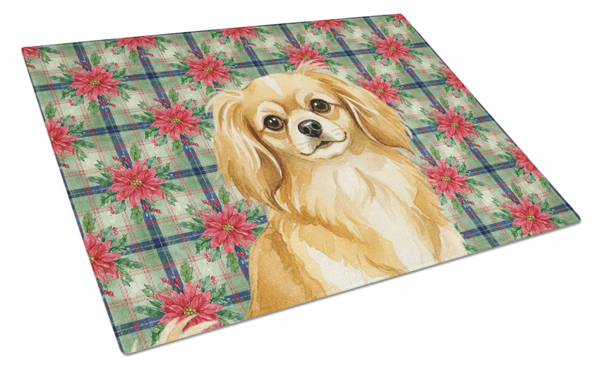 Picture of Carolines Treasures WDK8840LCB Unisex Adult Gold Tibetan Spaniel Christmas Poinsettias Glass Cutting Board - 15 x 12 in.