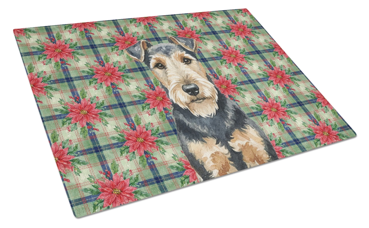 Picture of Carolines Treasures WDK8849LCB Unisex Adult Welsh Terrier Christmas Poinsettias Glass Cutting Board - 15 x 12 in.