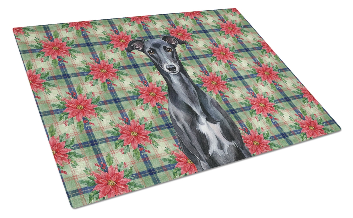 Picture of Carolines Treasures WDK8851LCB Unisex Adult Black Whippet Christmas Poinsettias Glass Cutting Board - 15 x 12 in.