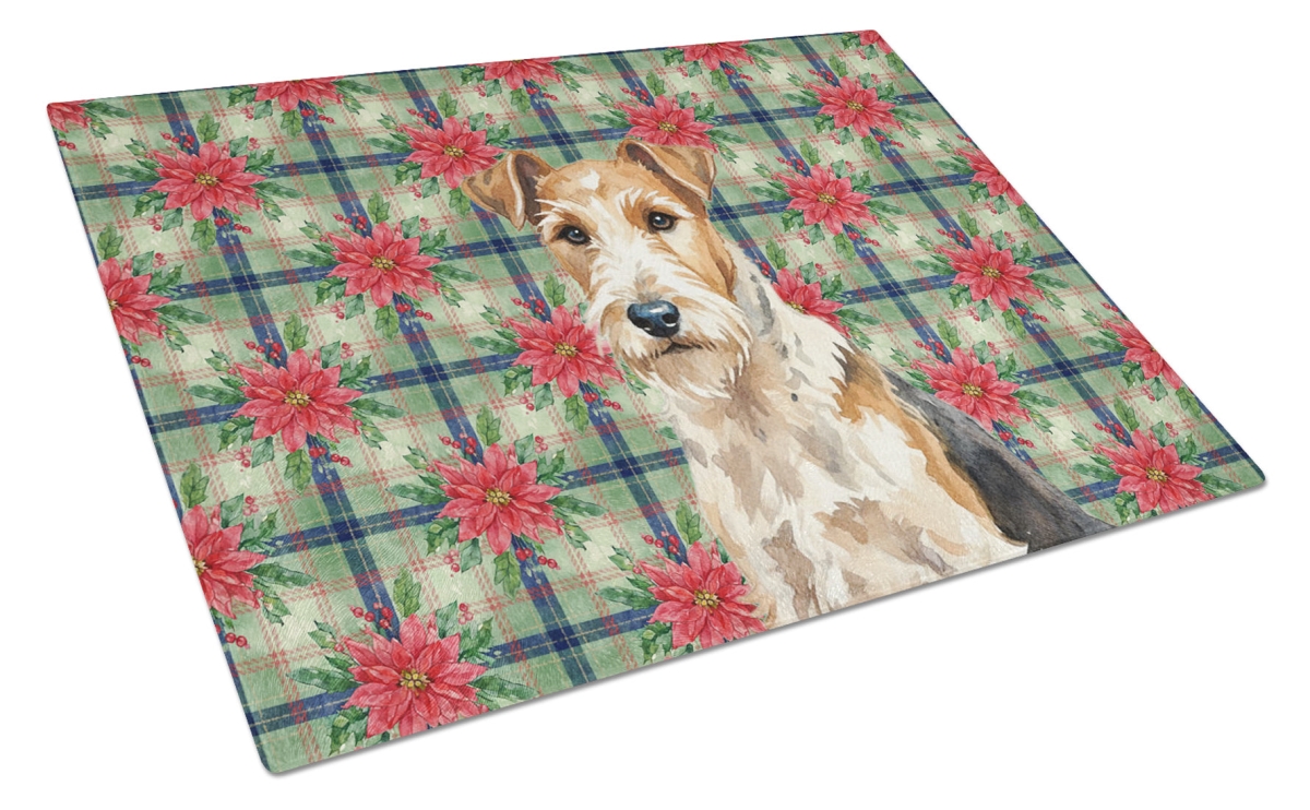 Picture of Carolines Treasures WDK8857LCB Unisex Adult Wire Fox Terrier Christmas Poinsettias Glass Cutting Board - 15 x 12 in.