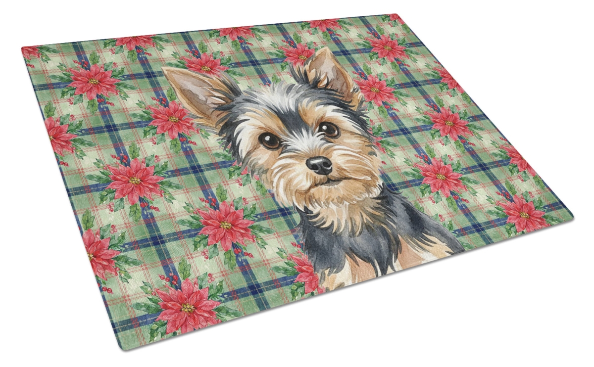 Picture of Carolines Treasures WDK8863LCB Unisex Adult Black & Tan Yorkshire Terrier Christmas Poinsettias Glass Cutting Board - 15 x 12 in.
