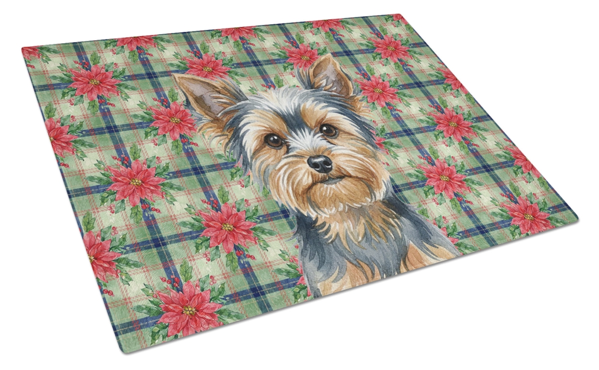 Picture of Carolines Treasures WDK8864LCB Unisex Adult Blue & Tan Yorkshire Terrier Christmas Poinsettias Glass Cutting Board - 15 x 12 in.