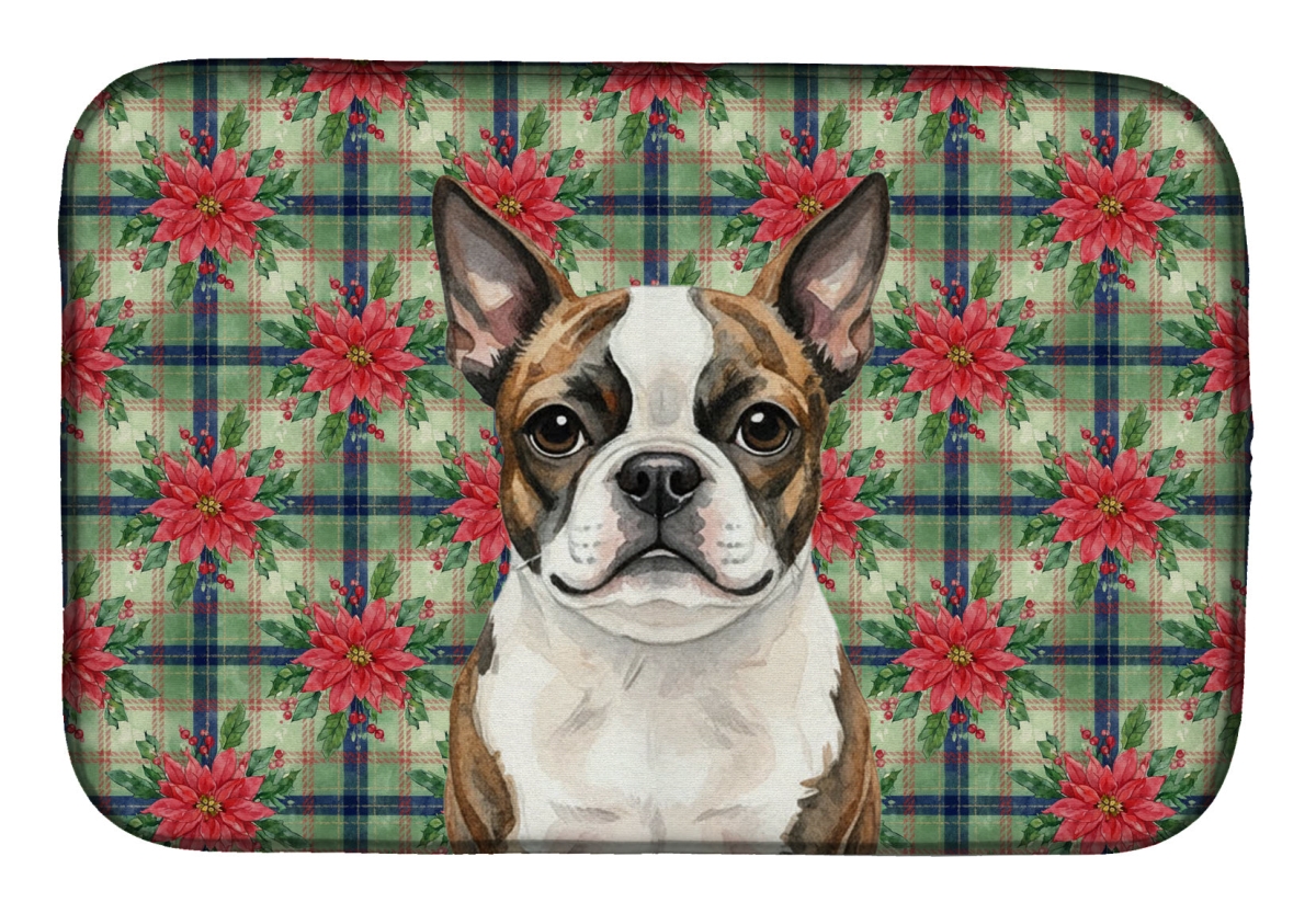 Picture of Carolines Treasures WDK8531DDM Unisex Adult Brindle Boston Terrier Christmas Poinsettias Dish Drying Mat - 21 x 14 in.