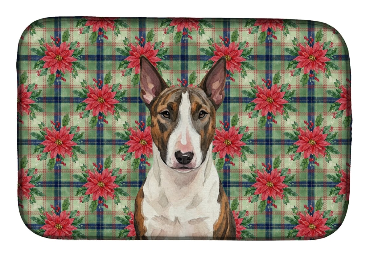 Picture of Carolines Treasures WDK8549DDM Unisex Adult Brindle & White Bull Terrier Christmas Poinsettias Dish Drying Mat - 21 x 14 in.