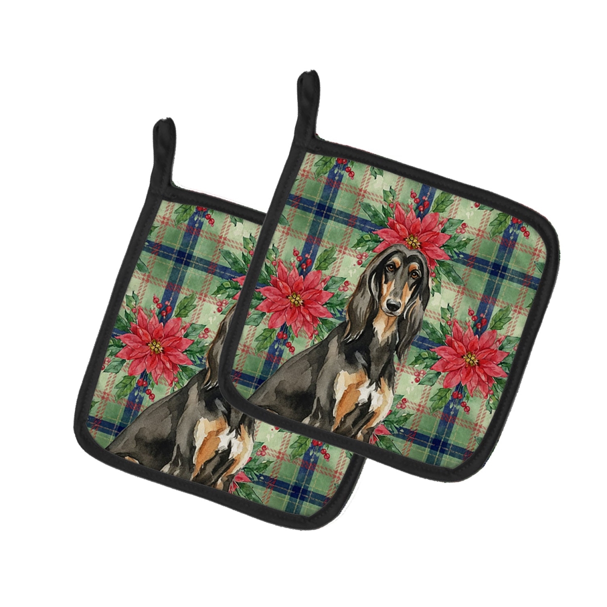 Picture of Carolines Treasures WDK8465PTHD Unisex Adult Black & Tan Afghan Hound Christmas Poinsettias Pot Holders - 7.5 x 7.5 in. - Set of 2