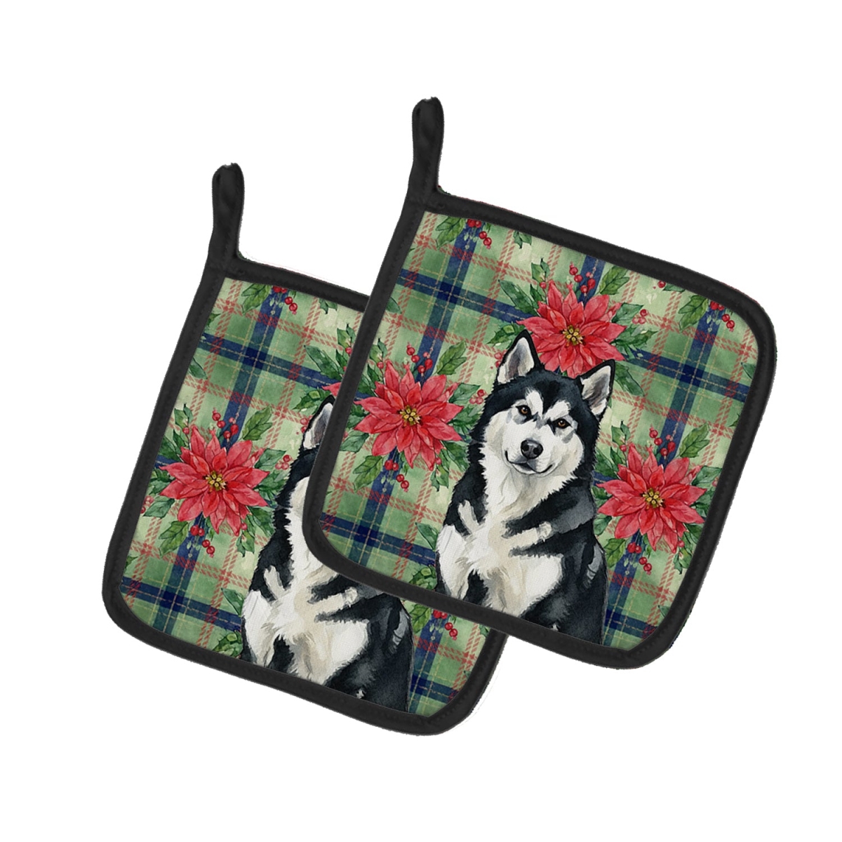 Picture of Carolines Treasures WDK8473PTHD Unisex Adult Black & White Alaskan Malamute Christmas Poinsettias Pot Holders - 7.5 x 7.5 in. - Set of 2