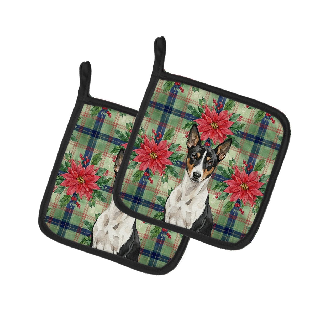 Picture of Carolines Treasures WDK8492PTHD Unisex Adult Black & White Basenji Christmas Poinsettias Pot Holders - 7.5 x 7.5 in. - Set of 2