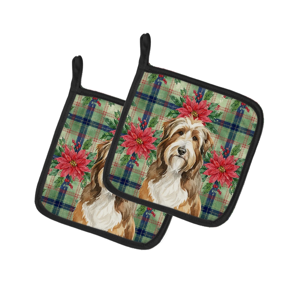 Picture of Carolines Treasures WDK8502PTHD Unisex Adult Brown Bearded Collie Christmas Poinsettias Pot Holders - 7.5 x 7.5 in. - Set of 2