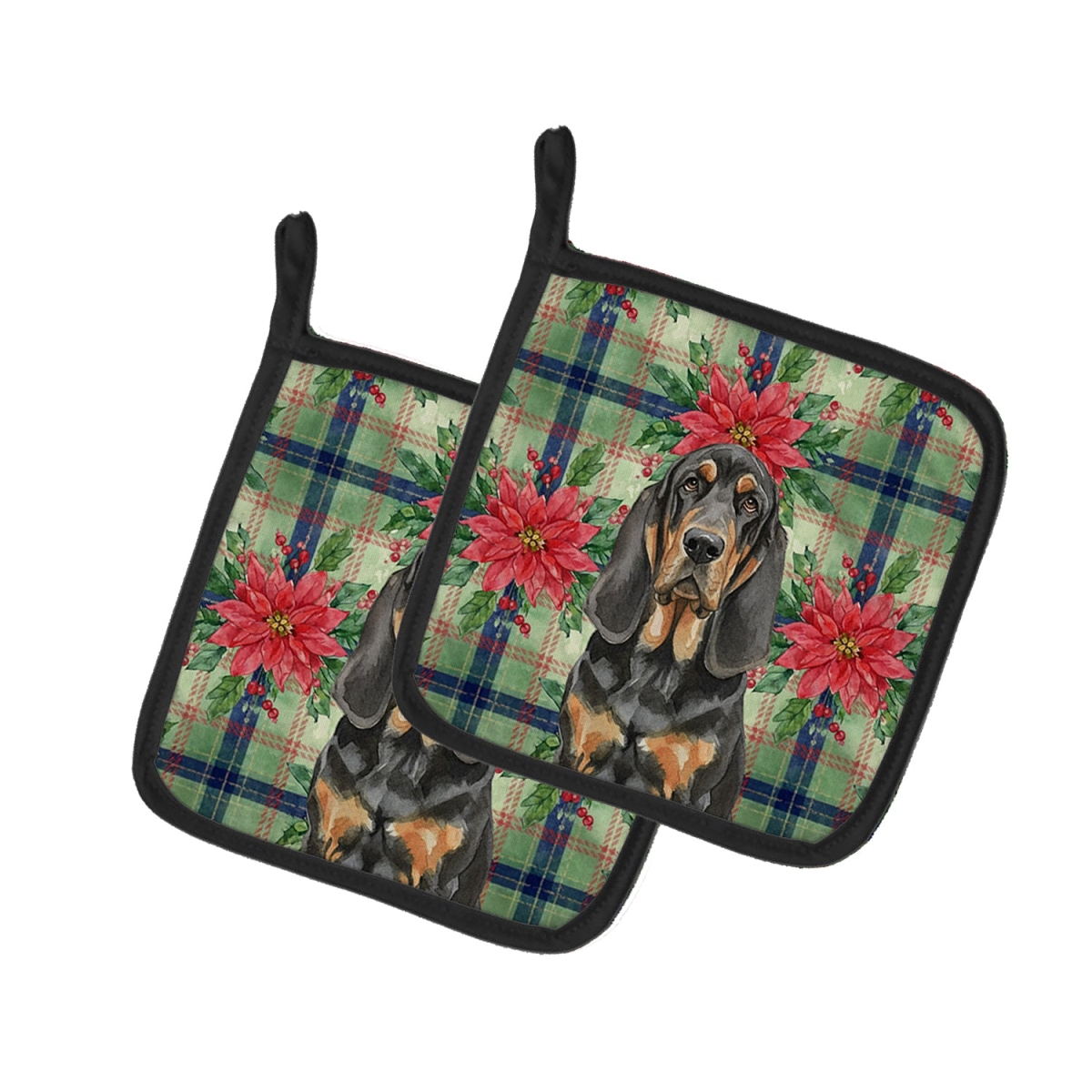 Picture of Carolines Treasures WDK8517PTHD Unisex Adult Black & Tan Bloodhound Christmas Poinsettias Pot Holders - 7.5 x 7.5 in. - Set of 2