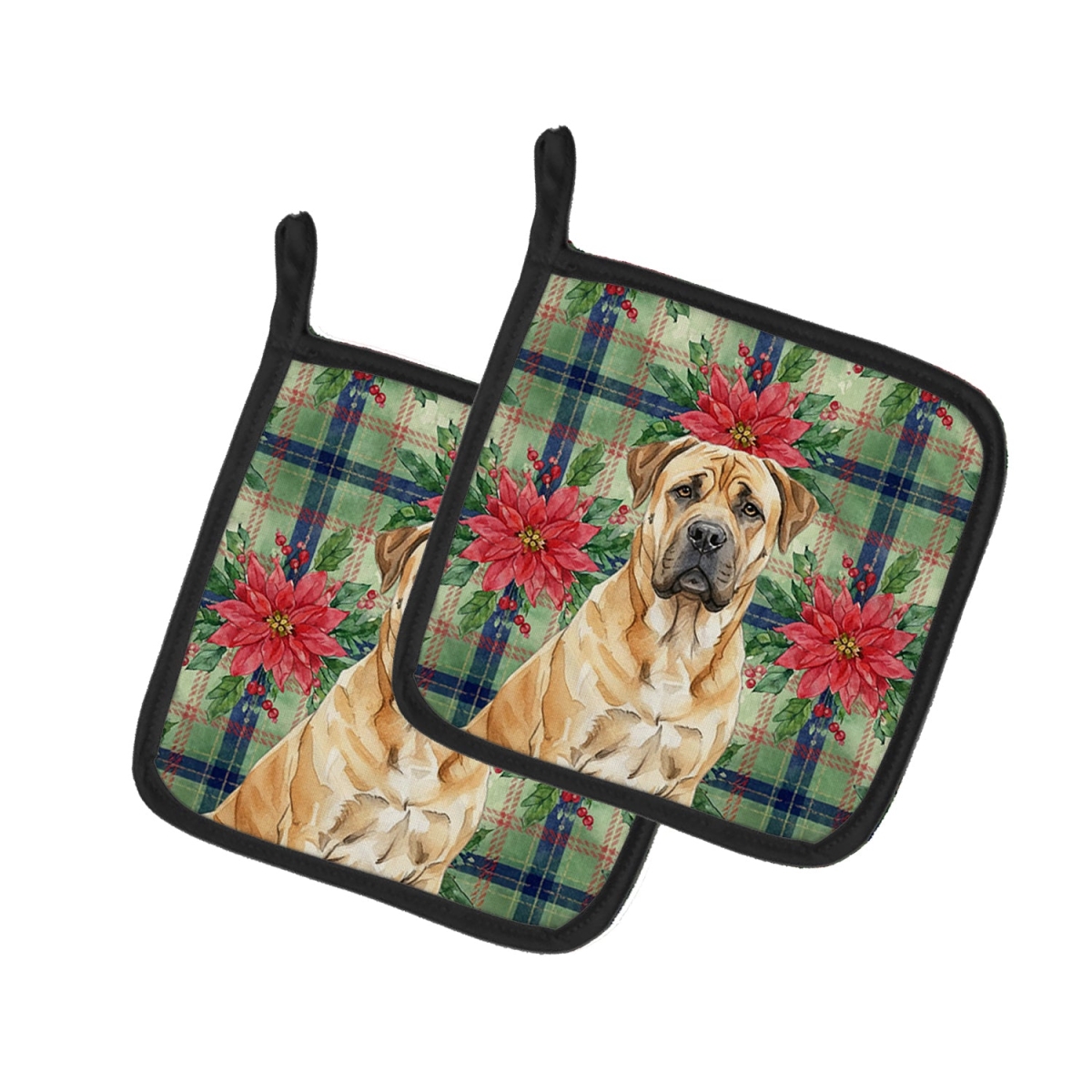 Picture of Carolines Treasures WDK8521PTHD Unisex Adult Fawn Boerboel Christmas Poinsettias Pot Holders - 7.5 x 7.5 in. - Set of 2