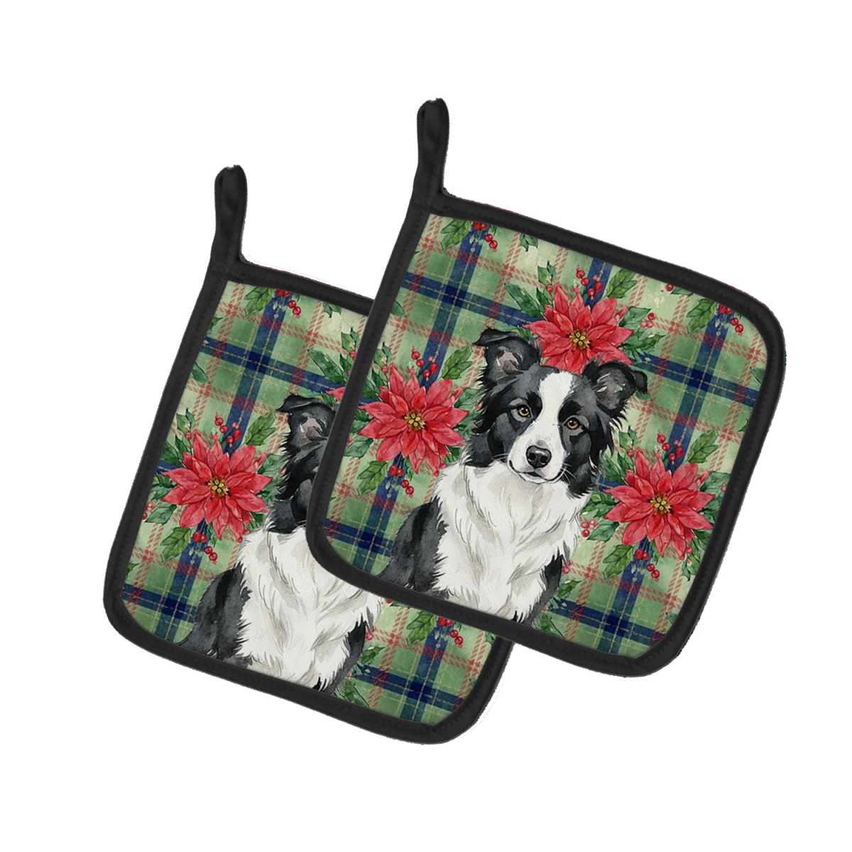 Picture of Carolines Treasures WDK8523PTHD Unisex Adult Border Collie Christmas Poinsettias Pot Holders - 7.5 x 7.5 in. - Set of 2